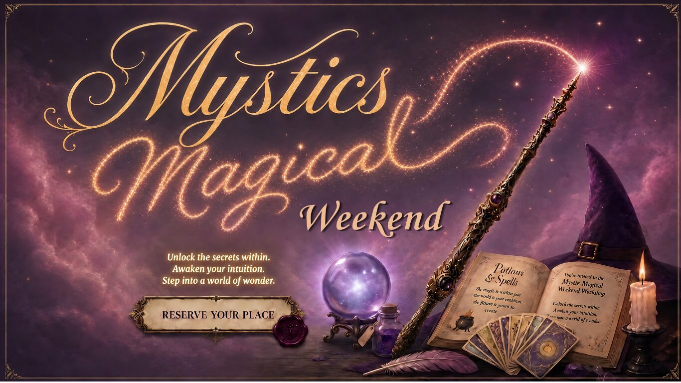 Mystics Magical Weekend — gold script title above a still life of a crystal ball, wand, witch's hat, tarot cards, candle, and open spellbook on a purple nebula background